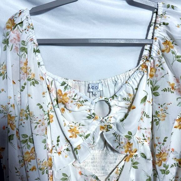 ACOA Smocked Off Shoulder Ruched Ruffle Floral Mini Babydoll Dress Sz Small - Picture 6 of 7